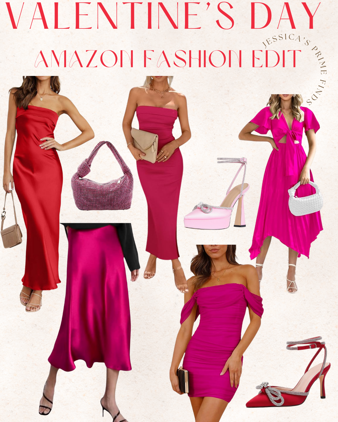 Valentine's Day Fashion Edit Amazon Fashion pink and red dresses skirts shoes purses bags 